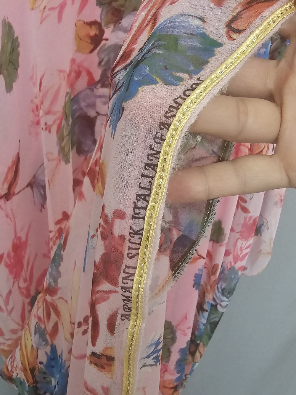 Silk Chiffon Pink Floral Maxi Caftan with Gold Crochet V-Neck - Picture 8 of 10